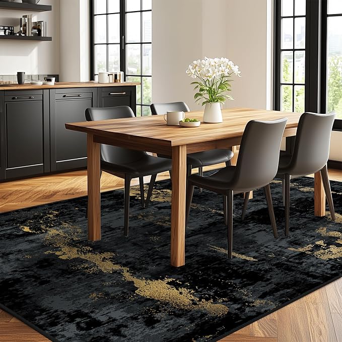 RELEANY Washable Area Rugs 6'x8' Non-Slip Modern Abstract Soft for Living Room Entryway Bedroom Kitchen, Print Pattern, Dark Black Gold