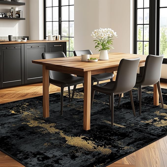 RELEANY Washable 10'x12' Abstract Area Rug for Living Room Black Gold | carpet for bedroom, kitchen, office, hallway and entryway, printed pattern, non-slip, soft, stain-resistant, easy to clean