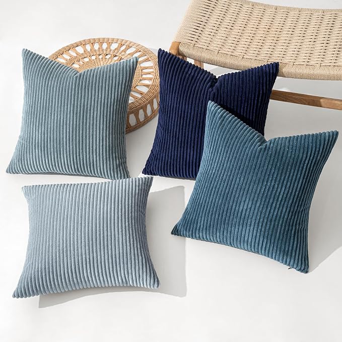 MIULEE Soft Corduroy Decorative Throw Pillow Covers Blue Navy Series 16x16 | Set of 4, Modern Nordic Coastal Decor, Classic Blue Palette, Boho Farmhouse Cushion Covers for Couch Bed Sofa Living Room