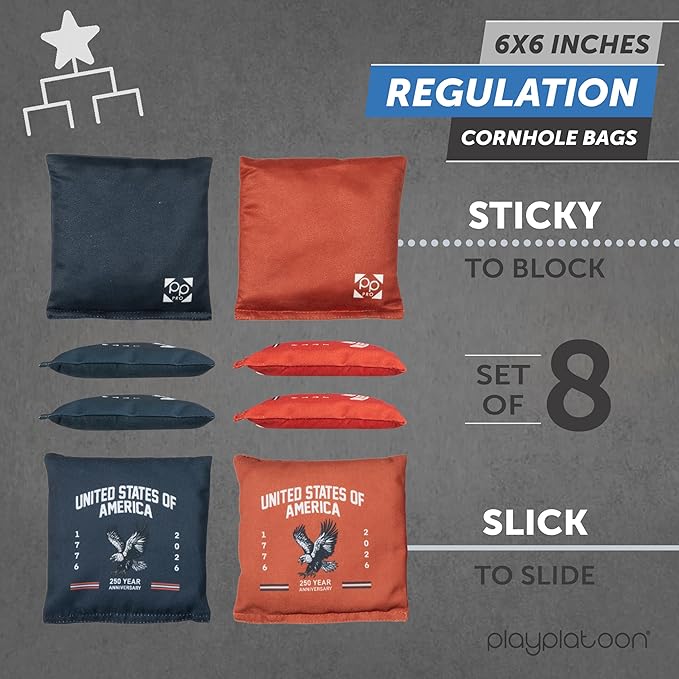 Professional Cornhole Bags - Set of 8 Regulation All Weather Double Sided - Sticky Side/Slick Side Bean Bags for Pro Corn Hole Game