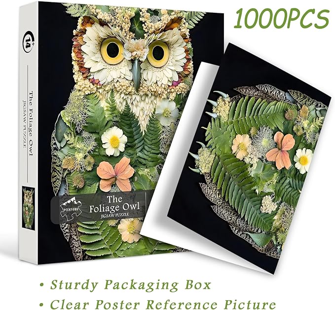 PICKFORU Foliage Owl 1000 Piece Puzzle for Adults, Nature Leaves Flowers Collage Art Jigsaw Puzzles, Plant Animal Puzzle as Wall Decor