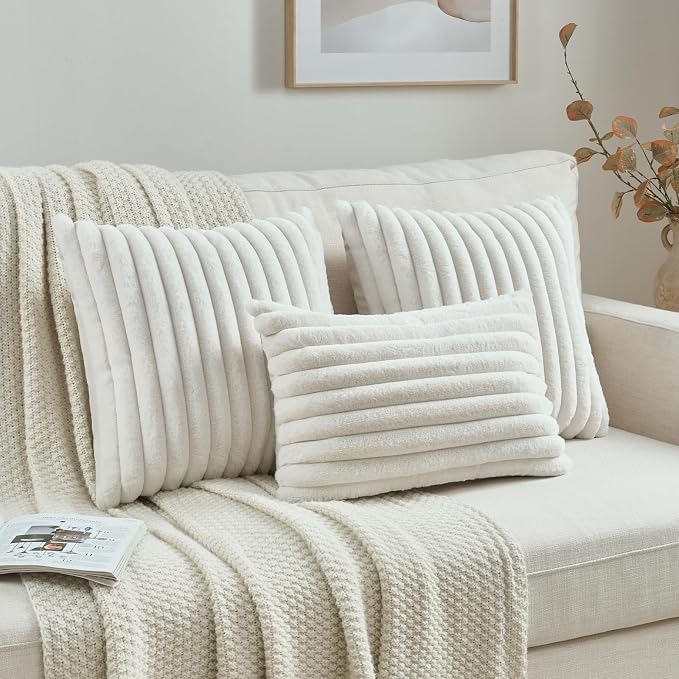 FUTEI Pack of 2 Faux Fur Throw Pillow Covers 12x20 Inch, Cream White | Fluffy Faux Rabbit Fur Front/Premium Velvet Back,Hidden Zipper,Machine Washable,Non-Shedding,Colorfast,Insert Not Included.
