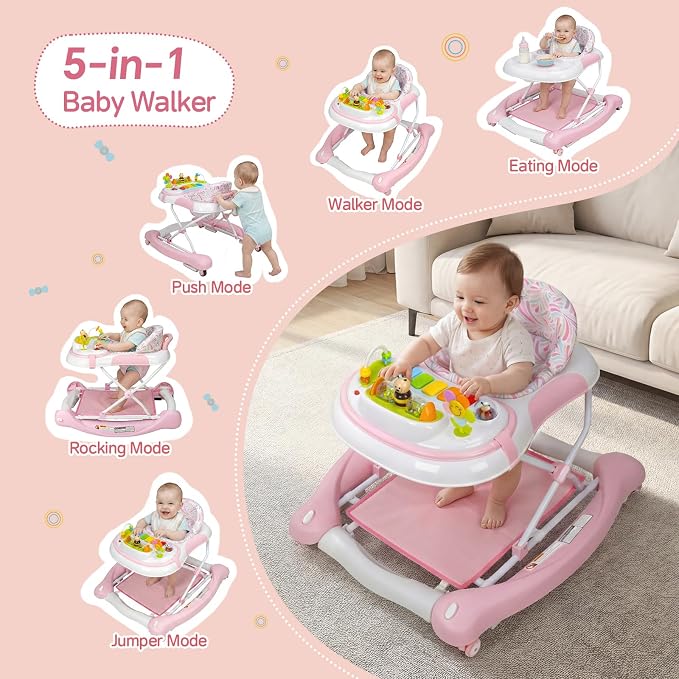 5 in 1 Baby Walker, Music and Lights Foldable Baby Walker with Wheels, 3 Adjustable Heights, with Bouncer Combo, Rocker, Activity Walker for Baby Boy and Girl 6-18 Months (Pink)