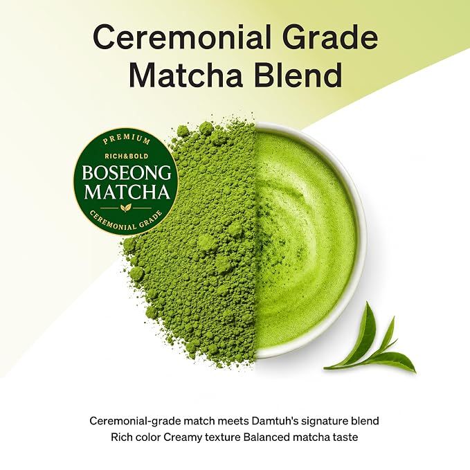 Damtuh Matcha Latte 20g x 7 Sticks – Ceremonial Grade Creamy Korean Matcha Latte Powder Mix, Instant Green Tea Drink for Smooth Café-Style Sweetened without sugar