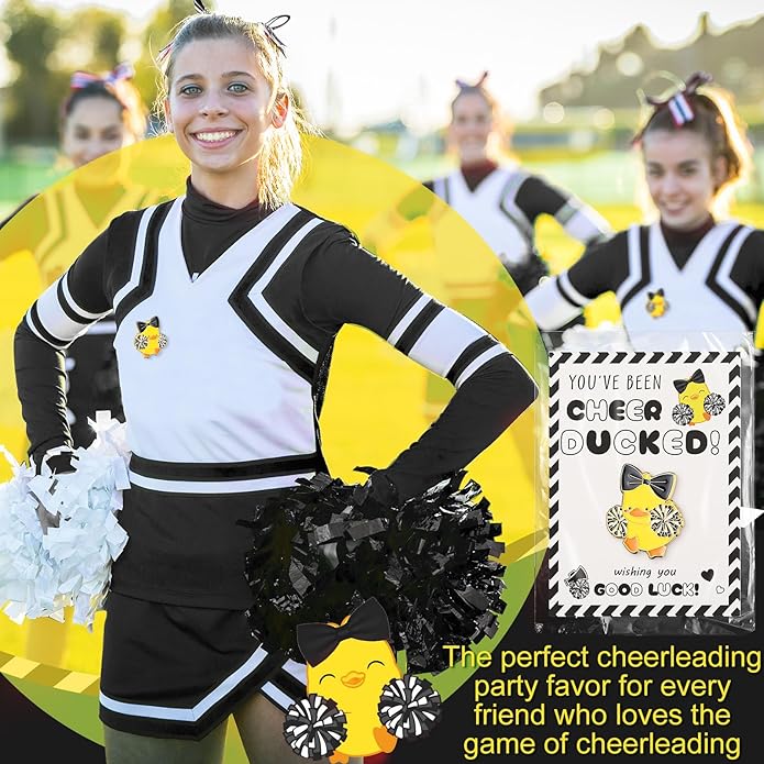 Quelay 24 Pack Cheer Team Gifts Bulk Cheerleader Duck Pins Brooches You've Been Cheer Ducked Tags Team Inspirational Gift Accessories for Teammates