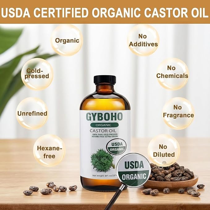 8oz Castor Oil Organic and 4pcs Reusable Castor Oil Pack Wrap Organic Cotton,for Stomach-Neck-Abdomen -Knee-Arm-Liver Detox,with Eyebrow and Eyelash Care Tool Set