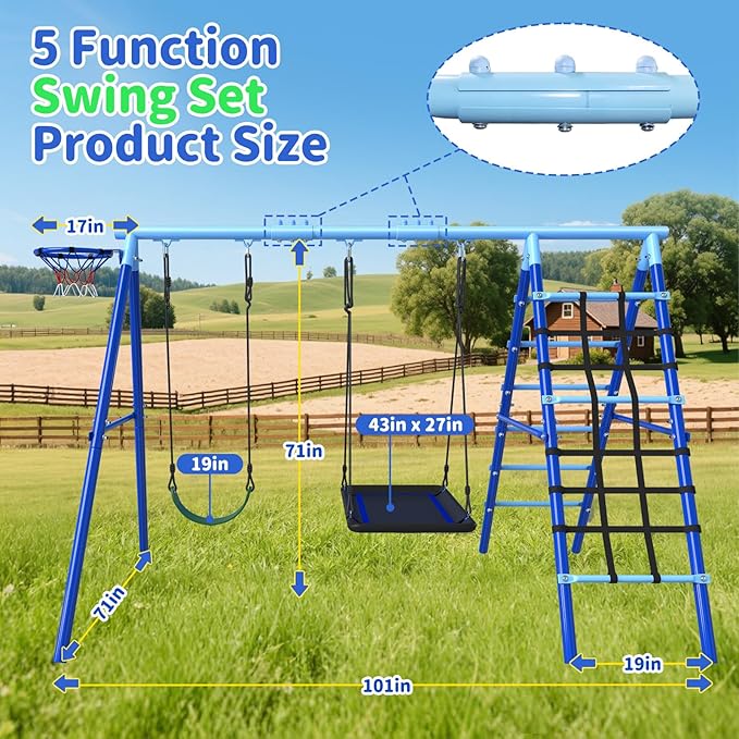 JYGOPLA 5-in-1 Metal Swing Sets for Backyard, Heavy Duty Outdoor Playground for Kids with 43" Platform Swing, Belt Seat, Climbing Rope Ladder, Rigid Ladder & Basketball Hoop