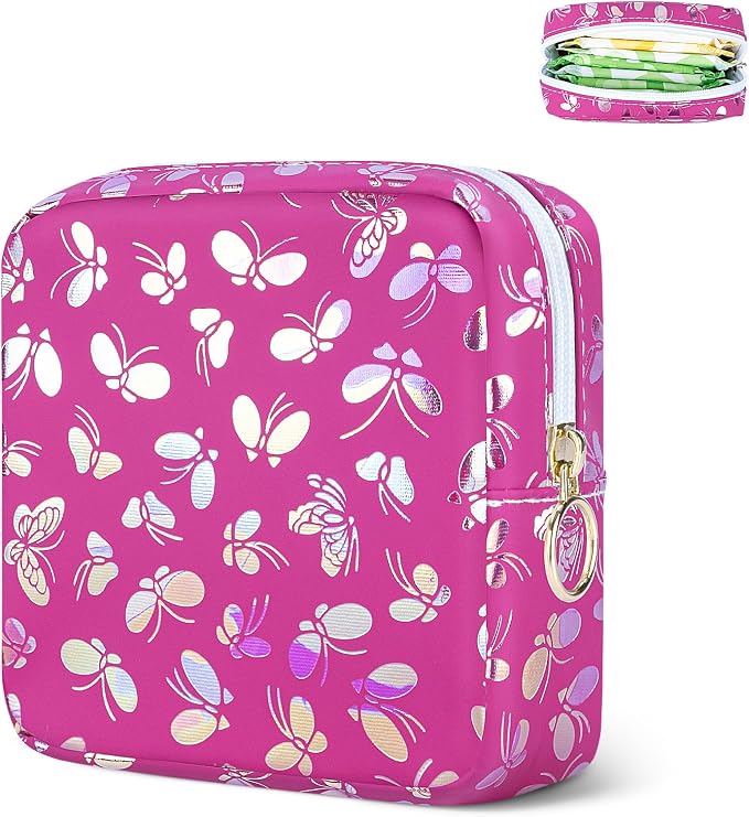 Likesing Tampon Holder for Purse, Leather Sanitary Napkin Storage Bag Period Bag Gift for Girls Women, Portable Sanitary Napkin Period Pad Pouch Tampon Bags for Purse(Rose red Butterfly)