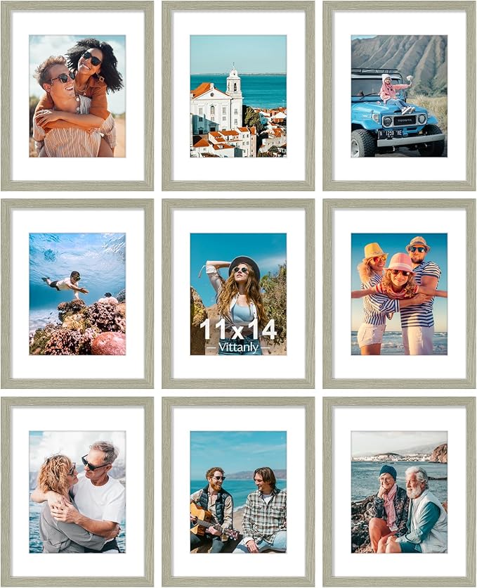 Vittanly 11x14 Picture Frames Set of 9 for Wall Mounting, Driftwood | Display Pictures 8x10 with Mat or 11x14 without Mat, Engineered Wood with Shatter Resistant Plexiglass, Gallery Photo Frames