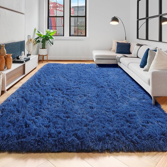 Amdrebio Navy Blue Area Rugs for Boys Bedroom, 5x8 Shag Fluffy Furry Plush Rug for Kids Room, Living Room Decor Aesthetic, Cool Royal Dark Blue Carpet for Baby Nursery Classroom Office Dorm Playroom
