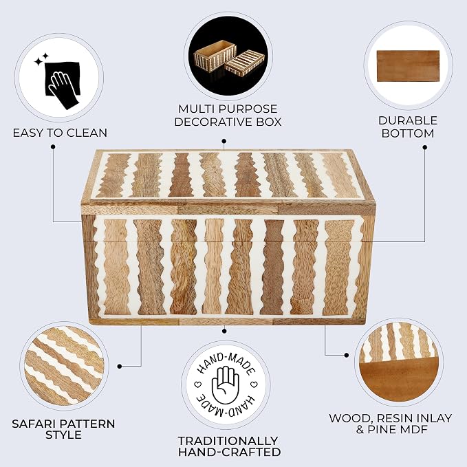 Handicrafts Home Large Decorative Storage Box with Lid Wooden Memory Box Keepsake Storage Box Photo Storage Organizer – Resin Inlay Kept Safari Collection - 10x5x5