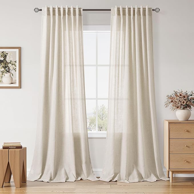Warm Beige Linen Curtains 90 Inch Long 2 Panels Set for Bedroom Living Room Linen Textured Window Drapes Semi Sheer Light Filtering Rod Pocket Back Tab Cotton Textured Farmhouse Curtain 52x90