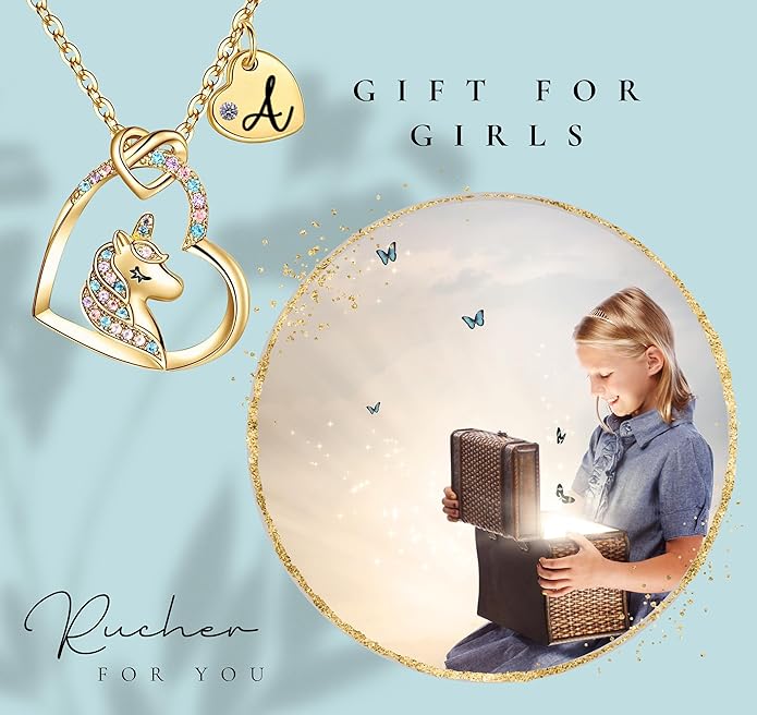 Valentines Day Gifts for Kids Girls - Unicorn Necklace for Girls with Initial Heart Pendant & Gift Box, 18K Gold Fashion Kids Jewelry, Colorful Heart Necklace for Birthdays & Costume Parties.
