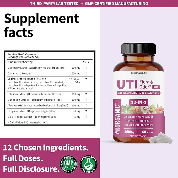 Women’s Advanced Intimate Care Probiotic | Vaginal Microflora & Daily Support for Urinary Tract, Yeast, Odor & pH Balance | Cranberry, D-Mannose & Hibiscus | Vegan, Non-GMO, 3rd-Party Tested, 60Caps