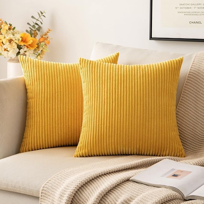 MIULEE Soft Corduroy Throw Pillow Covers Set of 2 12x12 Mustard Yellow | Decorative Striped Textured Cushion Cases, Boho Rustic Square Pillowcases, Home Decor for Couch Chair Sofa Bed Living Room
