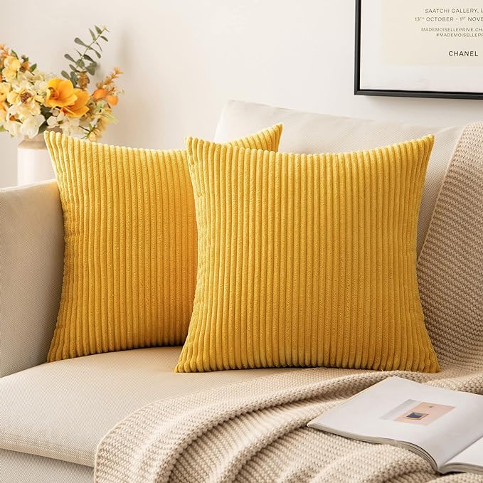 MIULEE Soft Corduroy Throw Pillow Covers Set of 2 16x16 Mustard Yellow | Decorative Striped Textured Cushion Cases, Boho Rustic Square Pillowcases, Home Decor for Couch Chair Sofa Bed Living Room