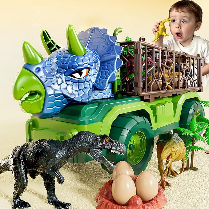 Dinosaur Toys for Kids 3-5, Dinosaur Transport Truck Car Set with 8 Dinosaur Figures & Play Mat, Gift for 2 3 4 5 6 7 Year Old Toddler Boys
