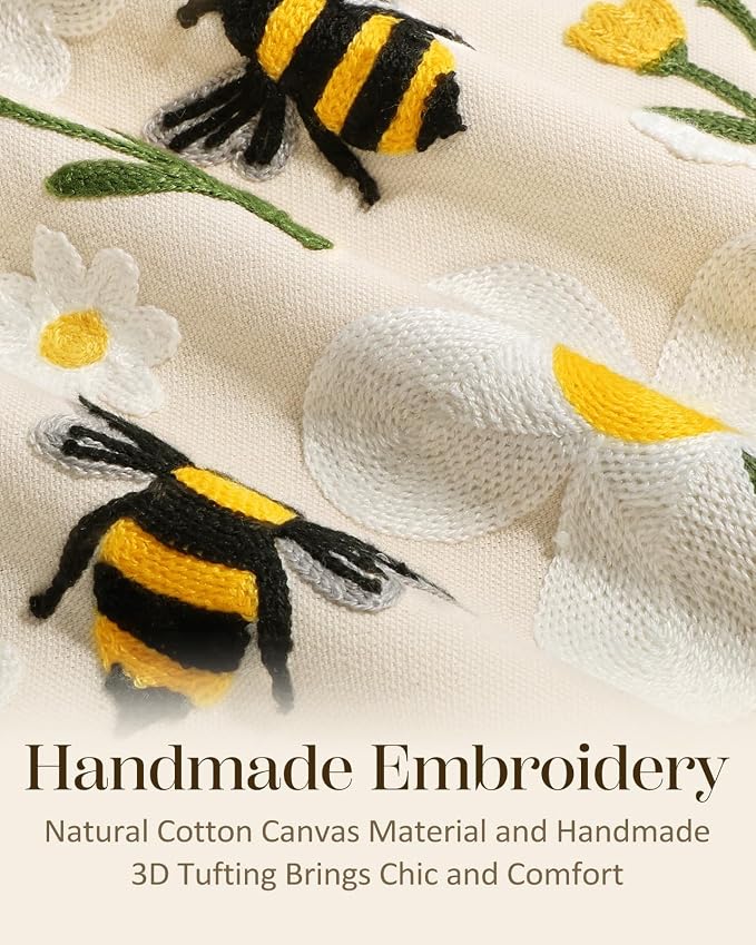 Embroidered Throw Pillow Cover 18x18 Inch, Flower Bee | Decorative Pillow Cover, Floral Farmhouse Cushion Case with Hidden Zipper, Home Decor for Couch, Sofa, Living Room, Bedroom