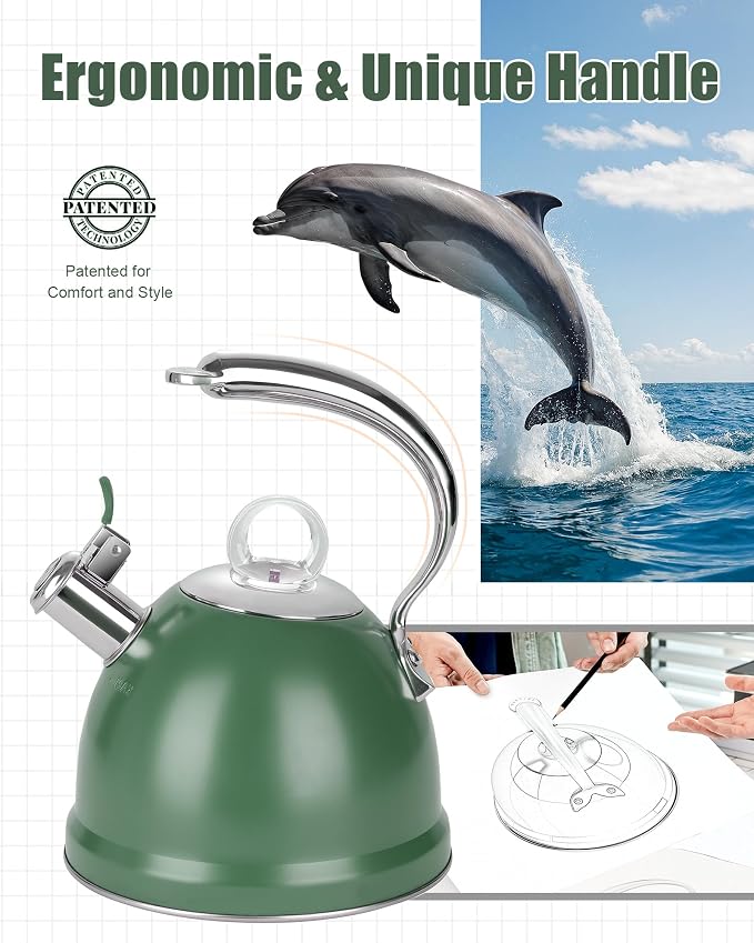 Harriet Tea Kettle Stovetop, 2.5 Quart Whistling Stainless Steel Tea Pot, 3-Layer Base, Unique Ergonomic Handle, Includes Pot Holder & Mat, Electric/Induction/Gas Stovetops Applicable, Green