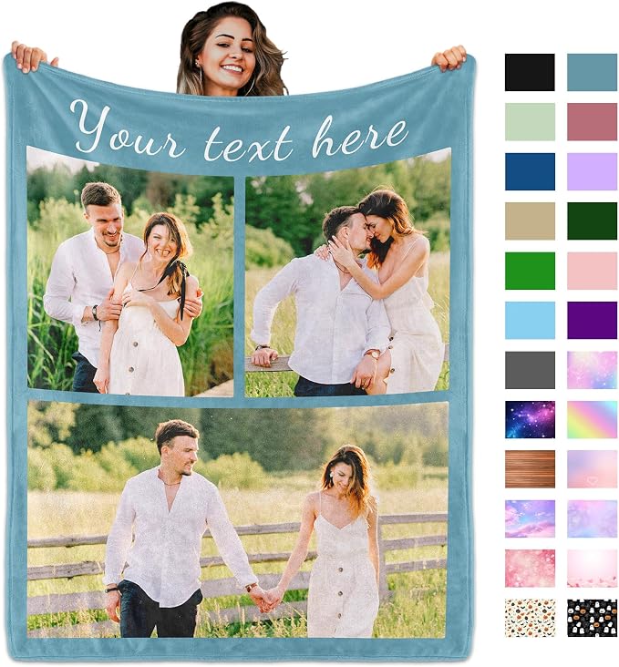 Custom Blanket with Picture Text, Personalized 3 Photo Blanket, HD Printing Customized Flannel Throw Blanket Gifts for Mom Dad Couple Girlfriend Boyfriend Wife Husband Christmas