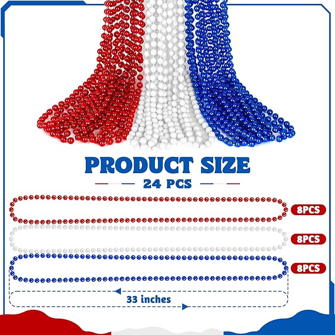 24 PCS Fourth of July Beaded Necklaces, 33" Red White Beads Necklaces Bulk, Independence Day Beads, Patriotic Parade Throw Accessories Set for 4th of July Party Decorations Favors Supplies
