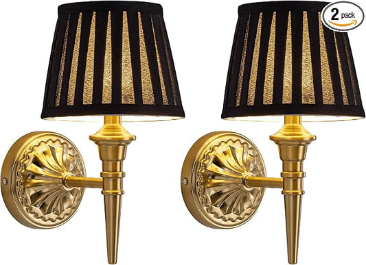 KDG Cordless Gold Wall Sconces Set of 2, Black Fabric Lampshde Wall Lamps | Small LED Wireless Portable Rechargeable Battery Lighting for Wall Painting, Living Room, Bedroom, Hallway, Gifts, Nightlight