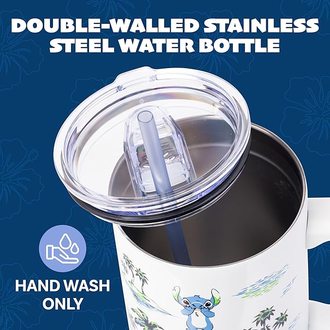 Silver Buffalo Disney Lilo and Stitch Vintage Sketch Palm Trees and Flowers Double Walled Stainless Steel Tumbler with Handle and Straw, Fits in Standard Cup Holder, 40 Ounces