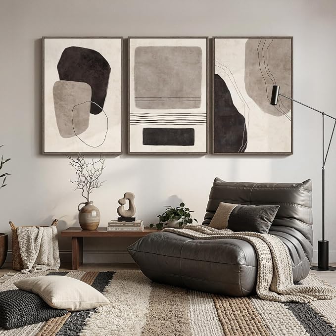 Large Framed Neutral Abstract Wall Art for Living Room, 3 Piece Black and White Canvas Prints Paintings Artwork for Walls, Modern Minimalist Pictures Wall Decor for Bedroom Dining Room Office 24x36 In
