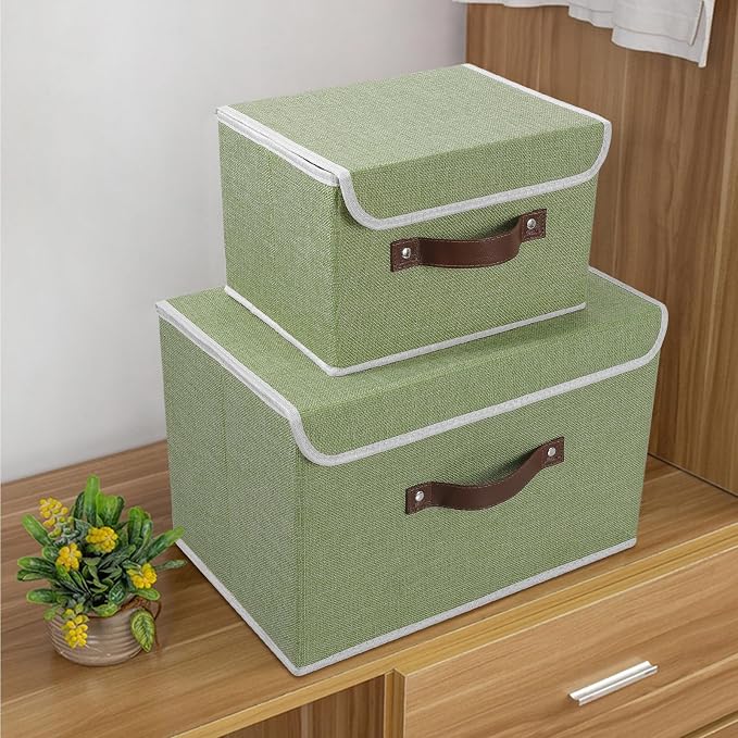 ANMINY Fabric Storage Box Bins with Lids, Green, 13"x9"x7.9", 4 Pack | Keepsake Memory Storage, Cotton Linen, PP Board Reinforced, Washable, PU Handles, Foldable & Stackable, Decorative, Medium