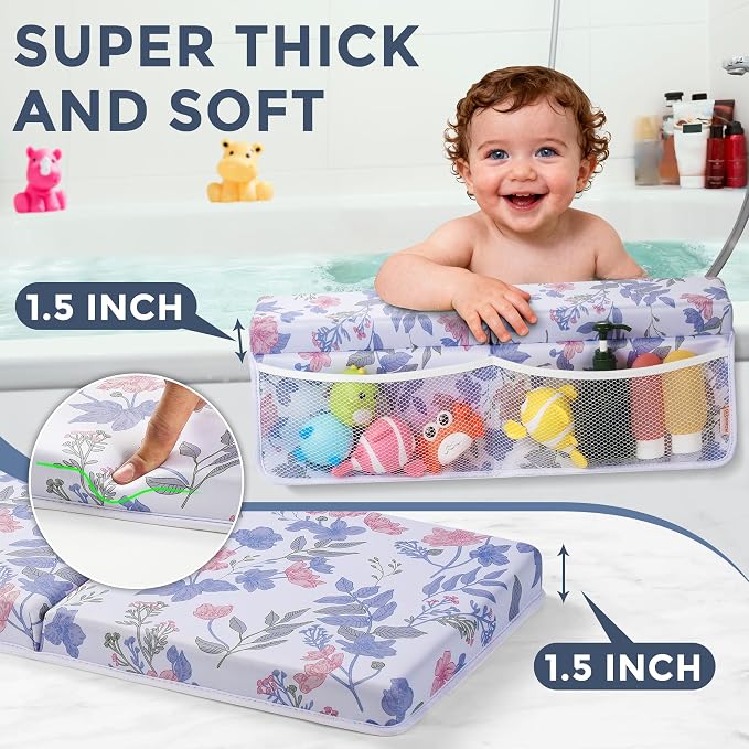 Bath Kneeler and Elbow Rest Pad Set - Comfortable 1.5” Thick Baby Bath Kneeler Pads with Toys Organizer, Non-Slip Knee Arm Support Bathtub Mat, Quick-Drying Kneeling Pad for Baby Bath Time