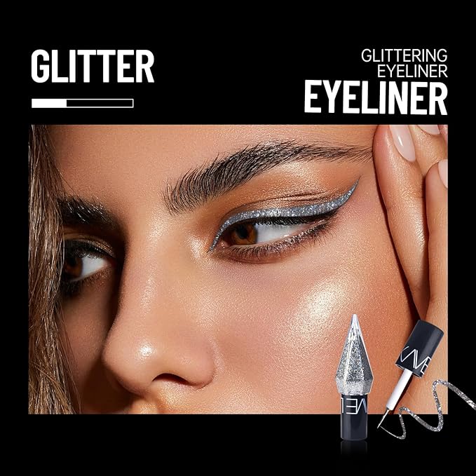 Glitter Liquid Eyeliner Colorful Set, 5 Colors Metallic Shimmer White Silver Gold Rose Eyeliner Waterproof Long Lasting Sparkle Glitter Liquid Eyeshadow Dazzling Valentine's Day Eye Makeup for Women