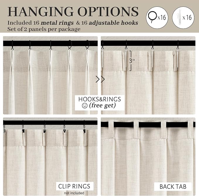 Pinch Pleat Cream Beige 72 Inch Curtains for Bedroom, Rustic Linen Blend Viral Sheer Window Drapes Light Filtering Privacy Cottagecore Office/Sunroom Curtain Back Tab (Ivory 40"W x 72"L Panels 2 Set)