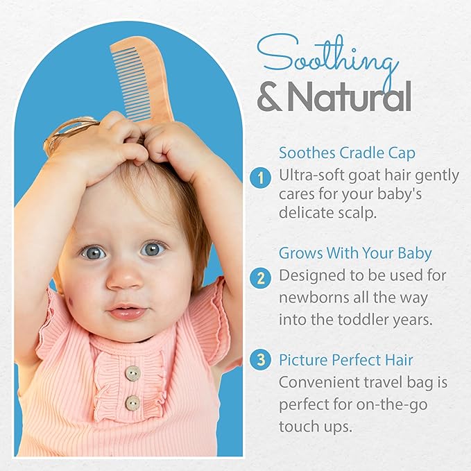 The Hat Pros Wooden Baby Hairbrush & Comb Set | Soft Goat Hair Brush for New Born & Toddlers, Prevents Cradle Cap, 3-in-1 Gift Set for Baby Shower Celebrations