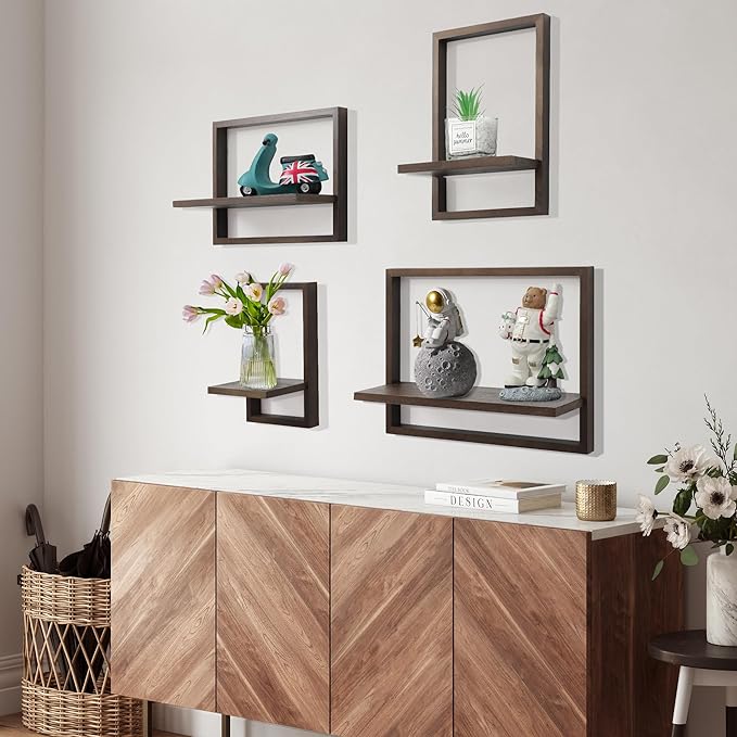 Floating Shelves for Wall,Decorative Wall Shelves,Plants Shelf Framed | Square Wall Decor,Art Sconces Artificial Vases Hanging Storage Shelf for Bathroom Living Room,Wood,Set of 4,Rustic Walnut