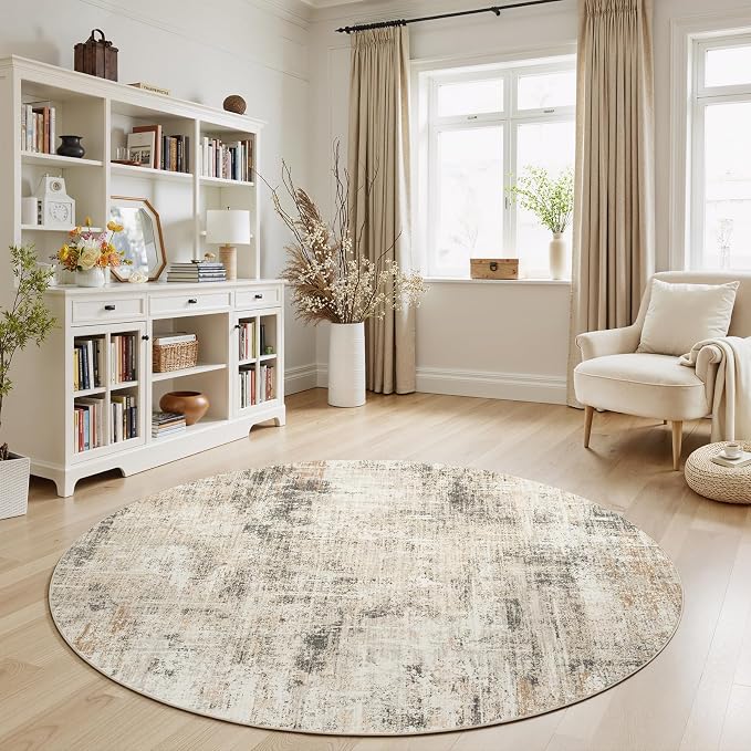 8ft Area Rug for Living Room, Abstract Washable Non-Slip Large Rugs, Gold | Soft Neutral Carpet for Bedroom, Dining Room, Home Office Nursery Indoor, Stain Resistant, Low Pile, Foldable Modern Rug