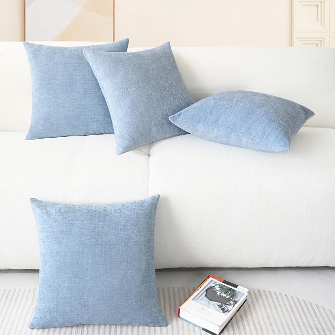 CaliTime Decorative Couch Throw Pillow Covers 18 X 18 Inches Baby Blue | Pack of 4, Cozy Chenille Cushion Cases for Sofa Bed Living Room Farmhouse Home