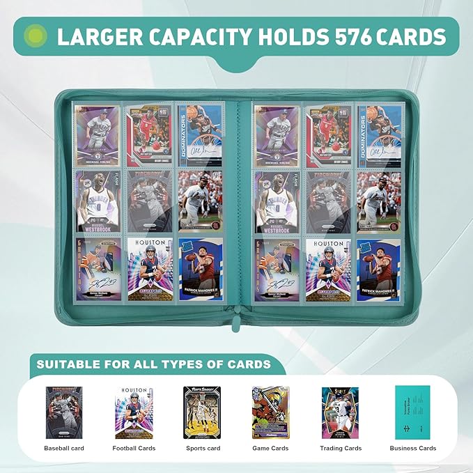 Trading Card Binder 9 Pocket - 180 Cards Capacity, Side Loading Card Album with Zipper Closure, Card Collection Holder for TCG, Game Cards, Sports Cards, Yugioh（Turquoise）