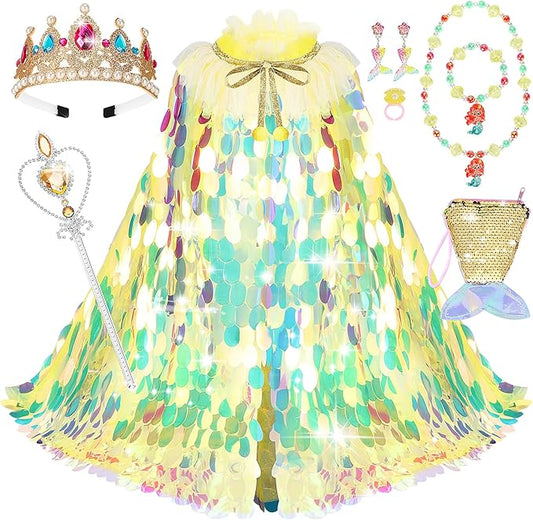 Princess Dress Up Toys Princess Dress Up Clothes Rainbow Mermaid Cape Kit 9 Pcs Gift Set for Little Girls 3-8 Years