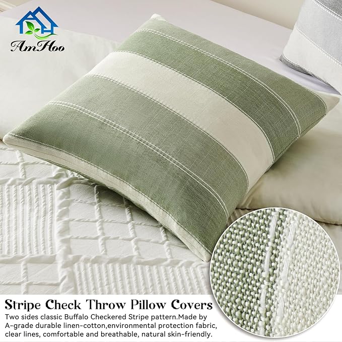 Pack of 2 Farmhouse Stripe Check Throw Pillow Covers Set Case Cotton Linen Decorative Pillowcases Cushion Cover for Couch Bench Sofa 18x18 Inch Sage Green