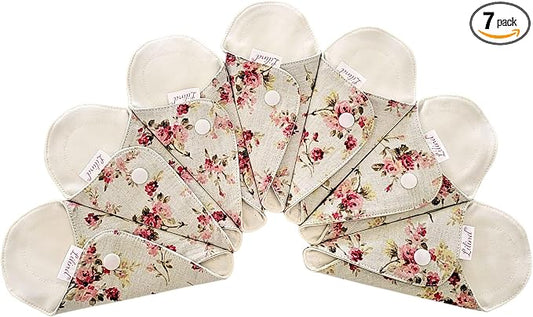 Lilind ® 7 Pack Thong Pantyliner Cloth Pads on Red Flowers, 100% Organic Cotton Reusable Washable Menstrual Sanitary Napkins, Waterproof and Leak-Proof, Eco Friendly and Zero Waste