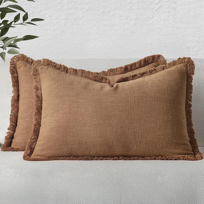 MIULEE Linen Fringe Decorative Fall Lumbar Throw Pillow Covers Brown 12x20 | Set of 2, Cottagecore Decor, Boho Farmhouse Neutral Pillow Covers, Rustic Fall Couch Cushion Cases for Sofa Bed Living Room