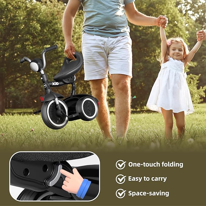 XJD Toddler Tricycle, Foldable Toddler Bike with Pedals, Tricycle for 2-5 Year Olds, Adjustable Comfortable Seat, Christmas Birthday Gifts for 1-5 Years Old Boys and Girls (Black)