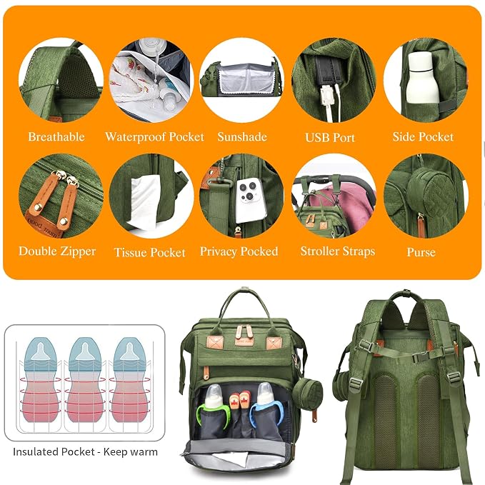 Astro alan Baby Diaper Bags with Changing Station, Waterproof Diaper Bag Backpack for Moms Dads with USB Charging Port, Baby Shower Gifts, Large Capacity diaper backpack, Green