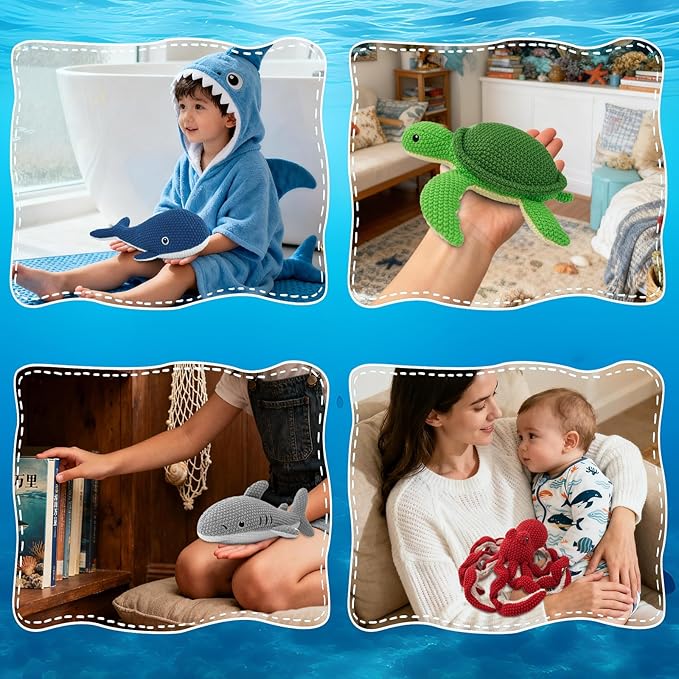 Crochet Stuffed Animals 2-Pack (Shark & Whale), 10 Inches Soft Cotton Ocean Plush Toys, Cute Hand-Crocheted Sea Plushies, Birthday for Boys Girls Kids & Adults