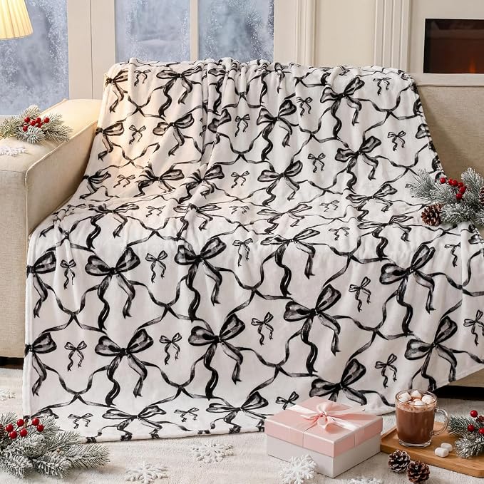 Black Bow Throw Blanket 50"x60" Soft Flannel for Girls Women | Coquette Aesthetic Decor with Ruffled Edges, Ultra Plush Bed Sofa Blanket, Preppy Gift for Teens, Back to School Dorm Room