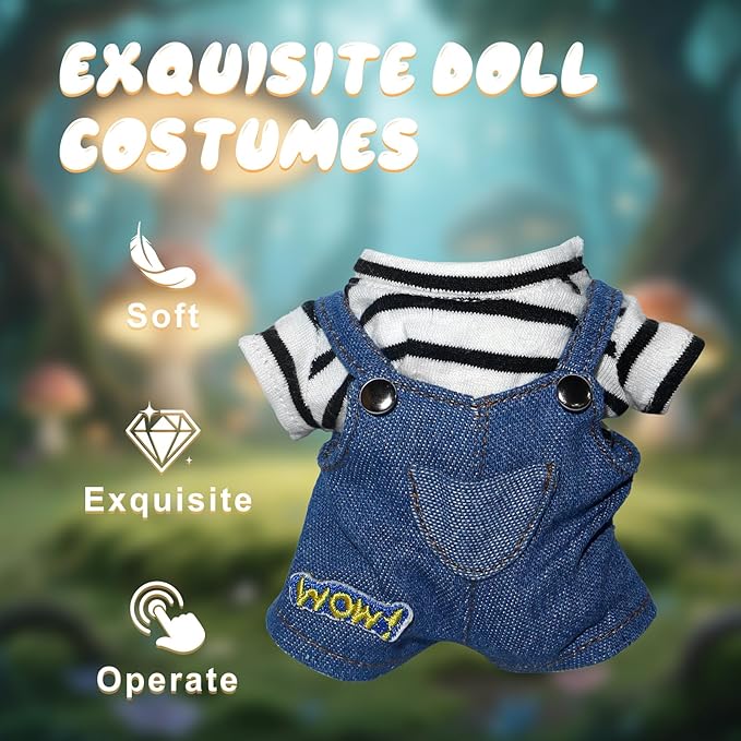 17cm Doll Clothes, 17cm Clothes Skirt Set, 2 Piece Colorful T-Shirt+ with Overalls or Skirt Outfit Premium Fashion Cute Doll Accessories(NO Doll)(Style A)