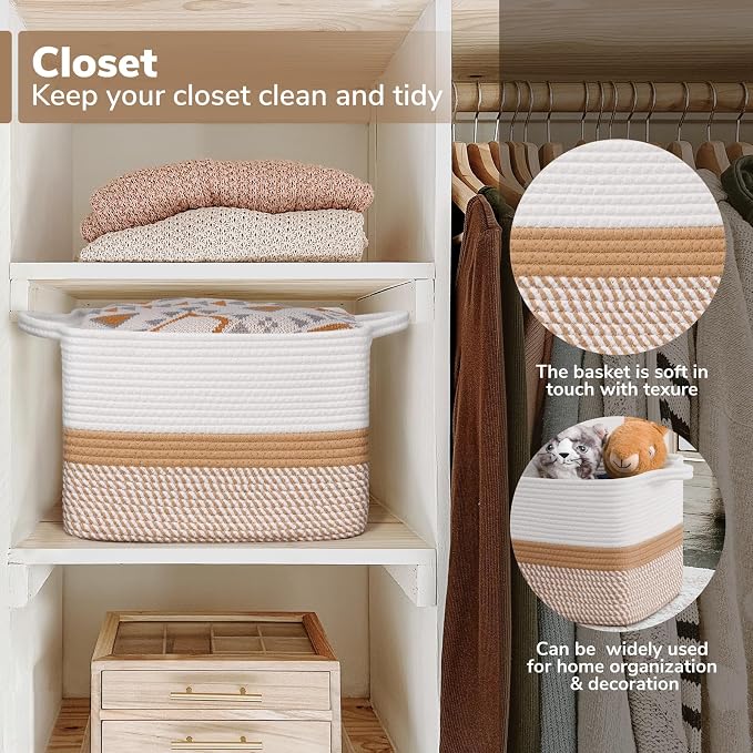 Goodpick Woven Storage Basket for Shelves, 13" x 10" x 9", White & Camel | Gift Baskets Empty for Home Decor, Cotton Rope Baskets for Kids Toys & Towels, Shelf & Closet Organization, Built-In Handles