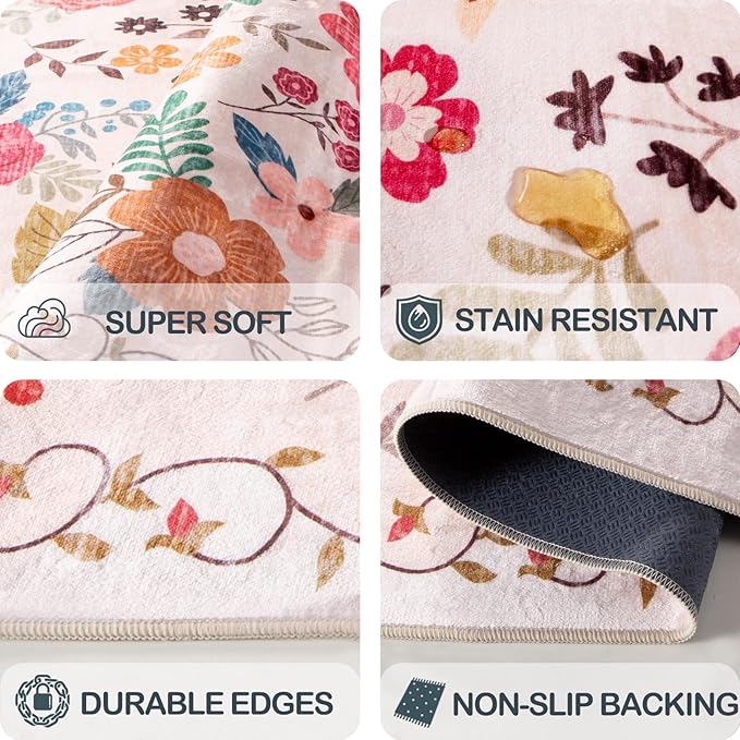 6x9 Area Rugs for Living Room Clearance Washable Boho Area Rug, Vintage Floral Non Slip Low Pile Large Rug for Living Room, Bedroom, Dining Room, Farmhouse (6 x 9 Beige Red)