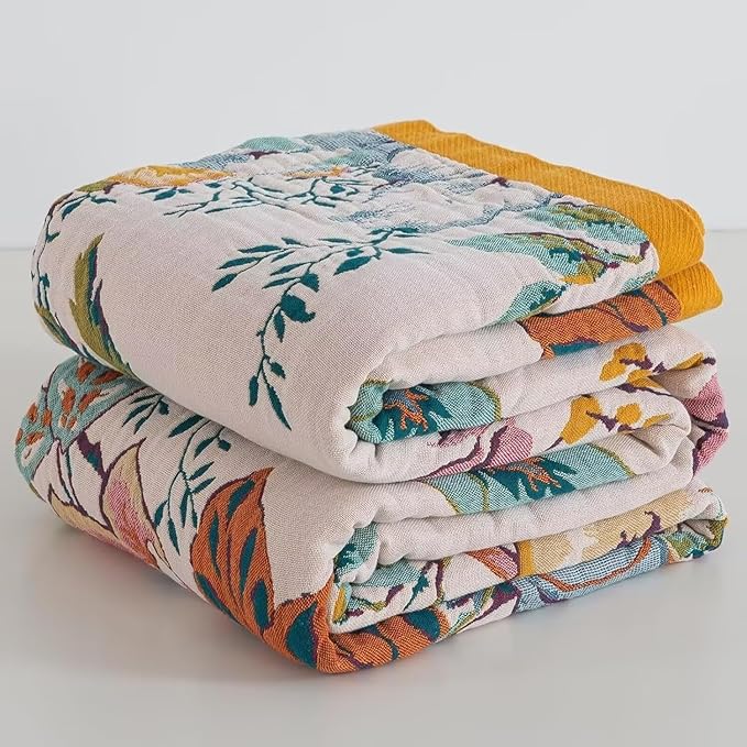 Boho Throw Blanket for Bed 100% Cotton Bohemian Blankets Ultra Soft Woven Muslin Decorative Blankets All Seasons Vintage Quilt Knitted Blanket for Sofa Chair(Beige, 50"x60")