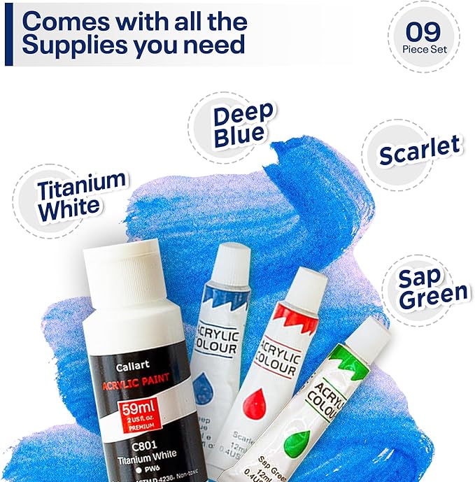 DIY Painting Class Kit for Adults with Video Tutorials: Learn to Paint Blue Butterfly – How to Paint with Acrylics – Ideal Mothers Day Gift – 9 Piece Acrylic Paint Set